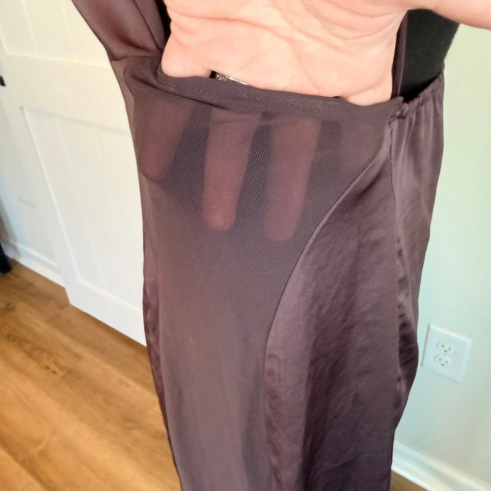 Intimately Free People City Cool Brown Satin Mesh Panel Midi Slip Dress Large